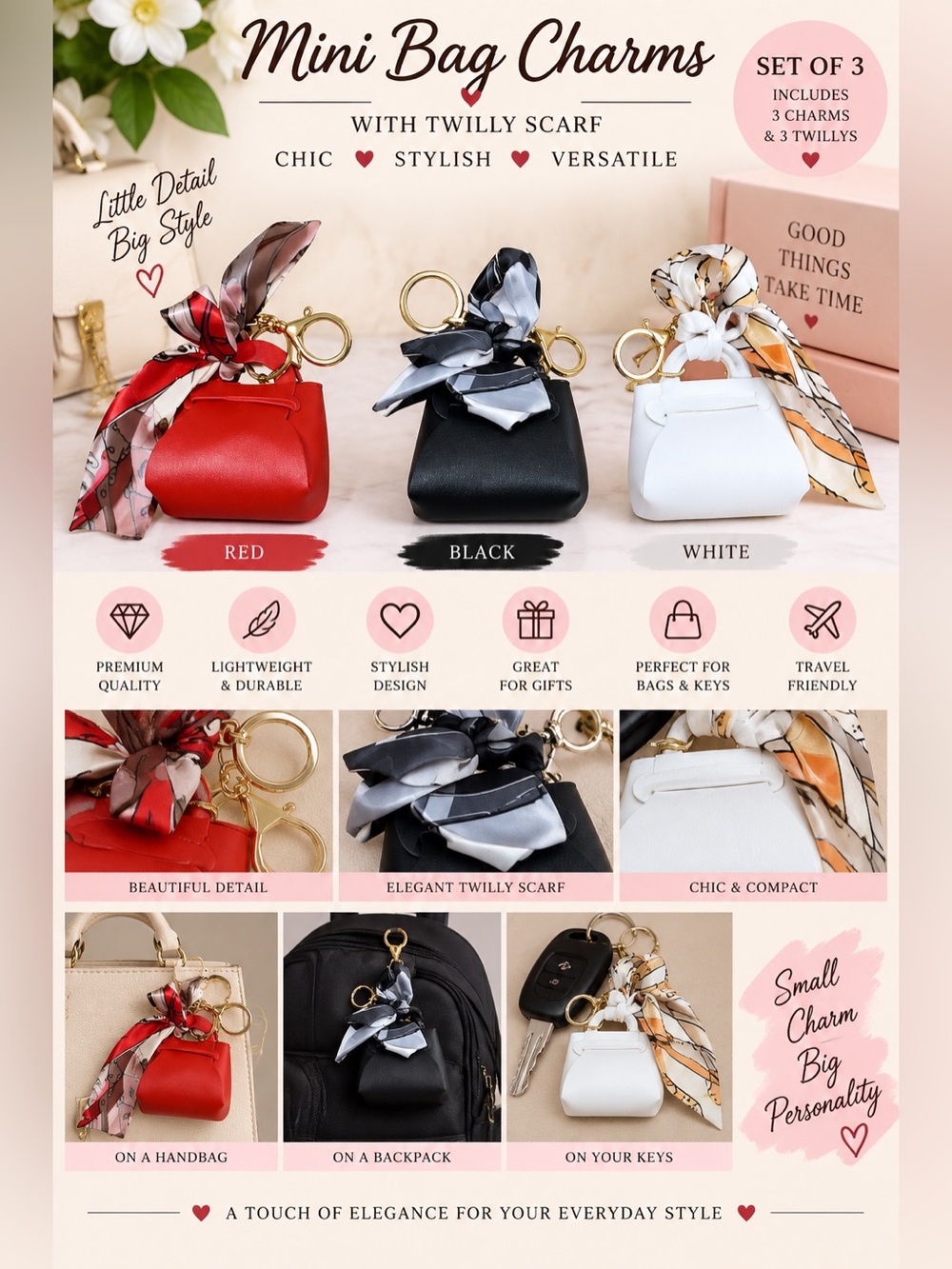 3 pc Mini Bag Charm Set with Twilly Scarf — Red, Black & White